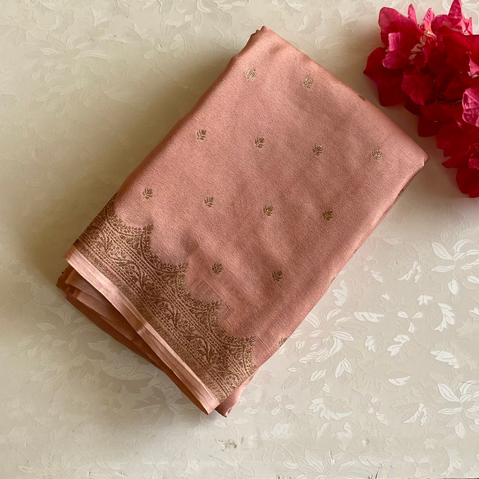Metallic Bronze Banarasi Soft Crepe Silk Saree With Antique Gold Woven Border