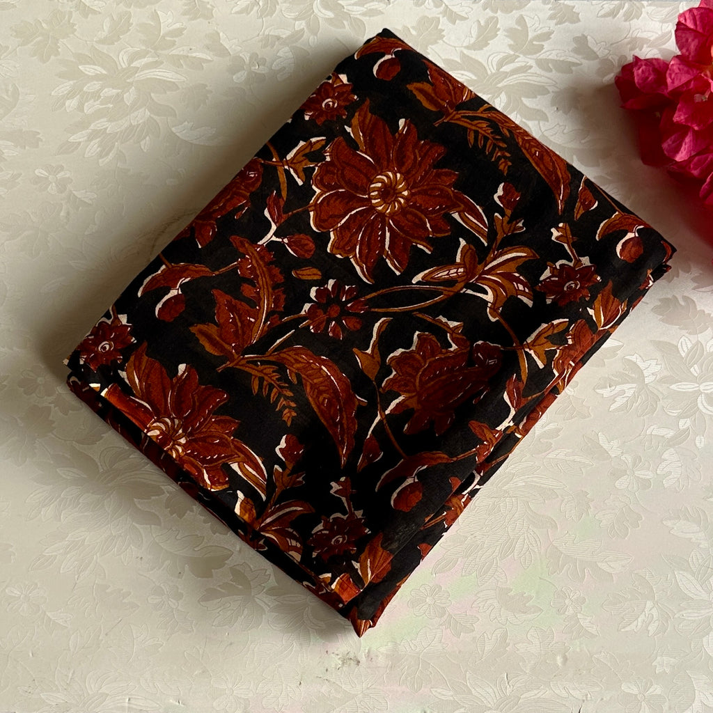 Midnight Black Floral Border Cotton Saree Burnt Sienna Pallu Traditional