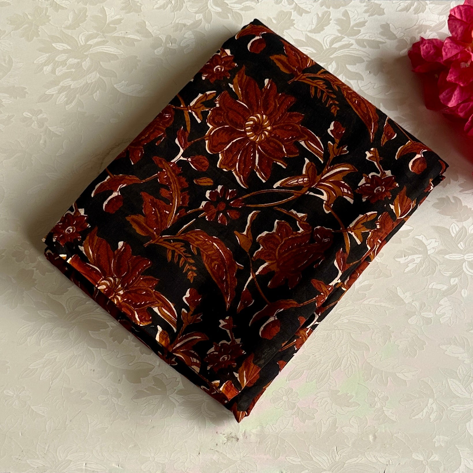 Midnight Black Floral Border Cotton Saree Burnt Sienna Pallu Traditional
