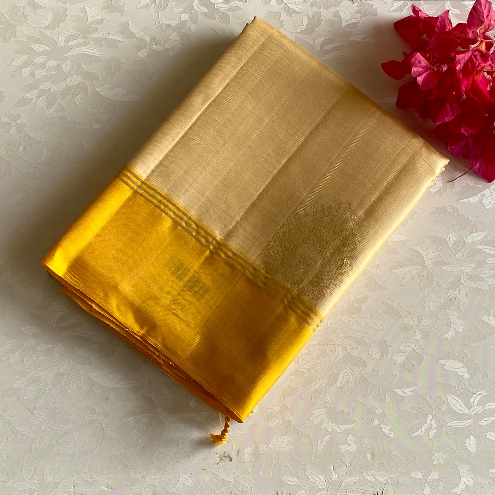 Champagne Beige with Golden Yellow Designer Pure Silk