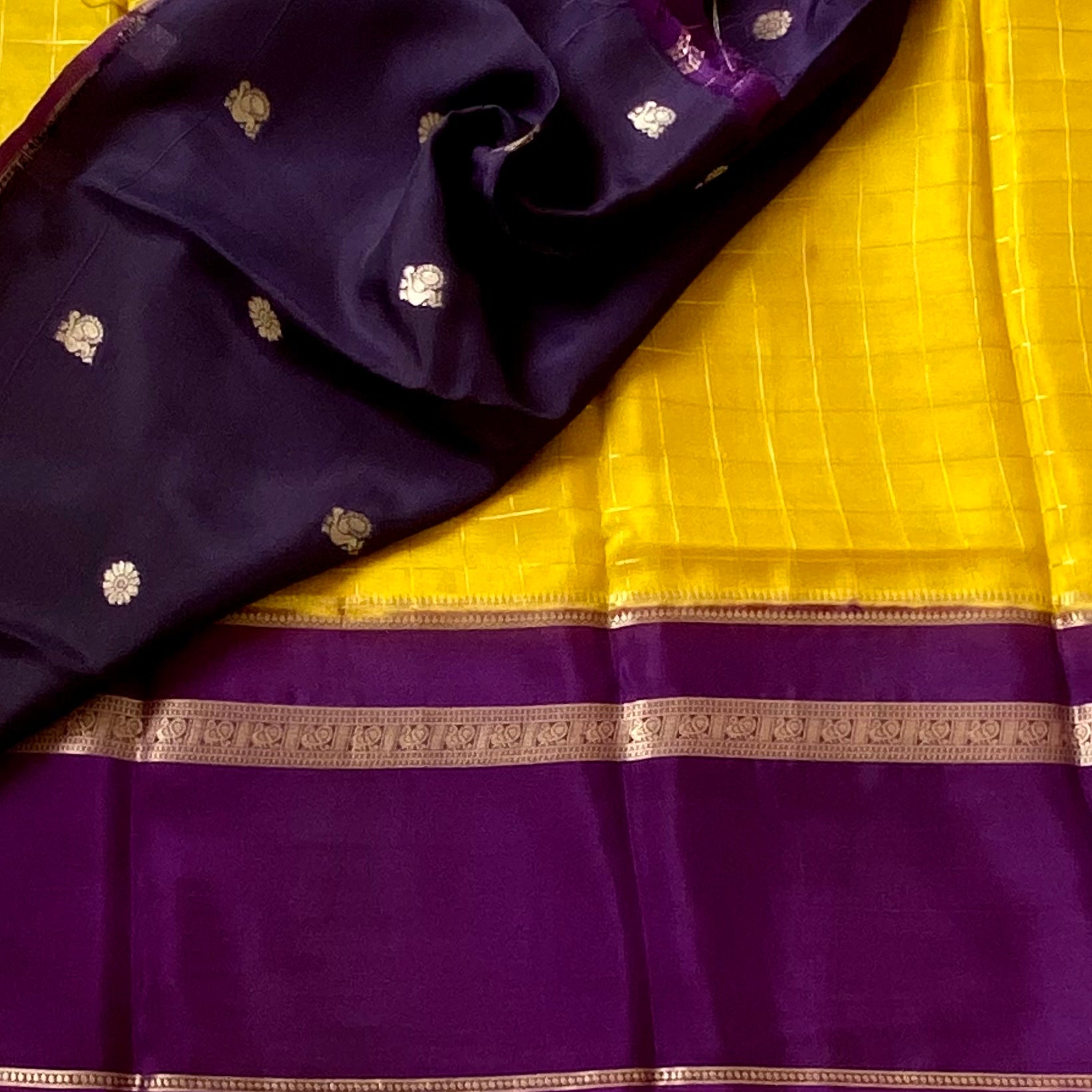 Sunflower Yellow Purple soft crepe stunner with checkered weave