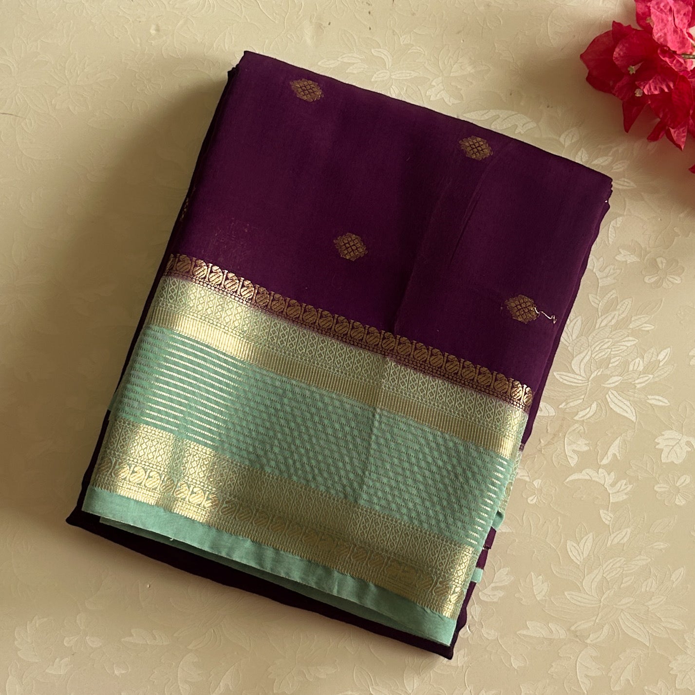 Plum Purple Silk Saree Seafoam Green Zari Buta Traditional Wedding