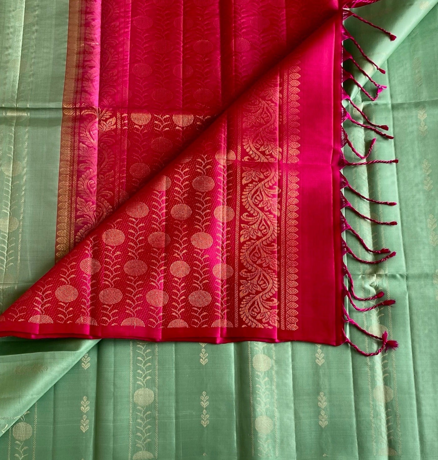 Mint Green Designer Pure Silk Saree With Rani Pink Pallu