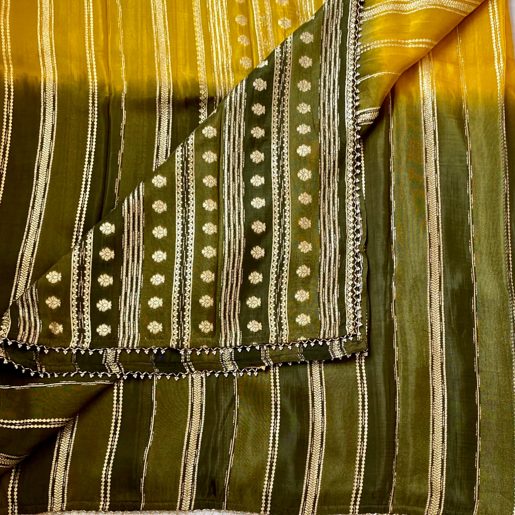Olive Green Silk Saree Mustard Pallu Gold Zari Striped Design