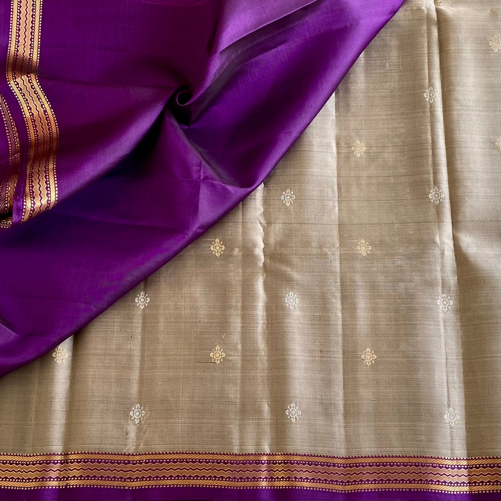Taupe Beige Designer Pure Silk Saree With Royal Purple Pallu