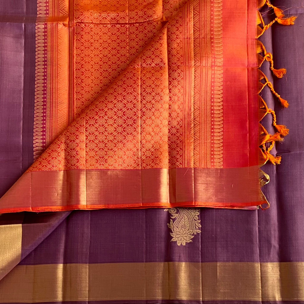 Metallic Lavender Purple Designer Pure Silk Saree With Sunset Orange Pallue