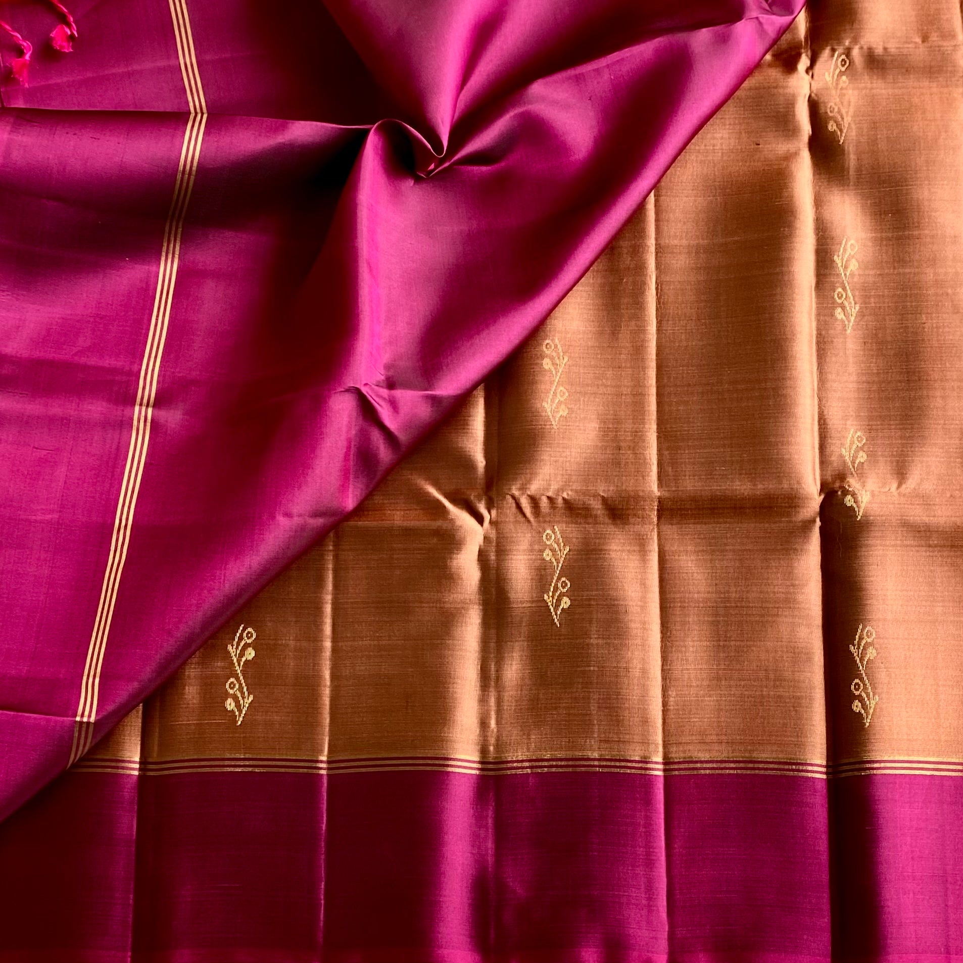 Copper Brown Designer Pure Silk Saree With Deep Magenta  Border