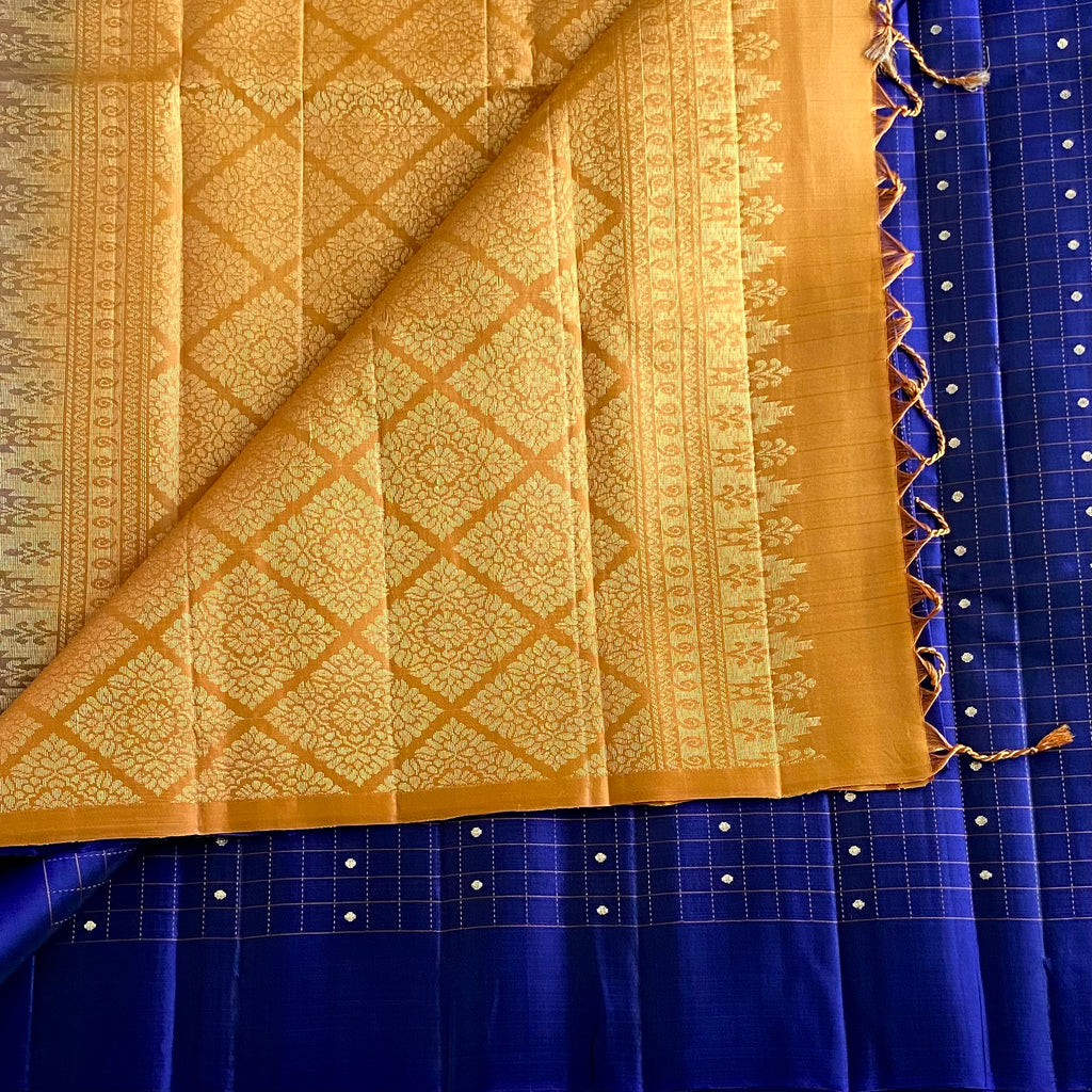 Deep Navy Blue And Mustard Gold Designer Pure Silk Saree