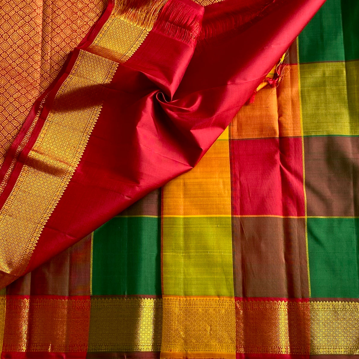 Designer Multi-Checkered Kanjeevaram Pure Zari Silk With Crimson Maroon Pallu