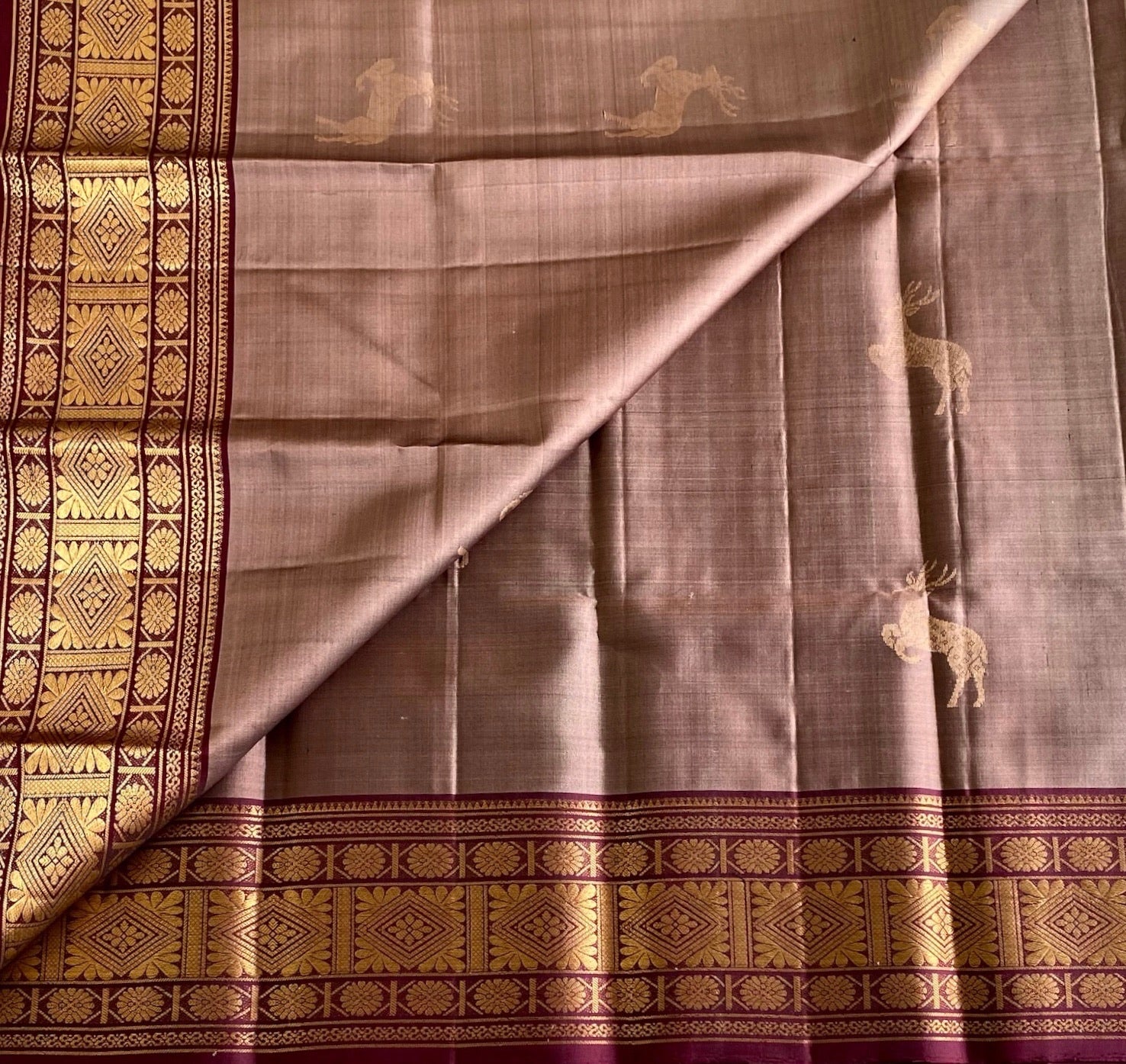 Taupe Designer Pure Silk Saree With Burgundy Pallu And Gold Zari