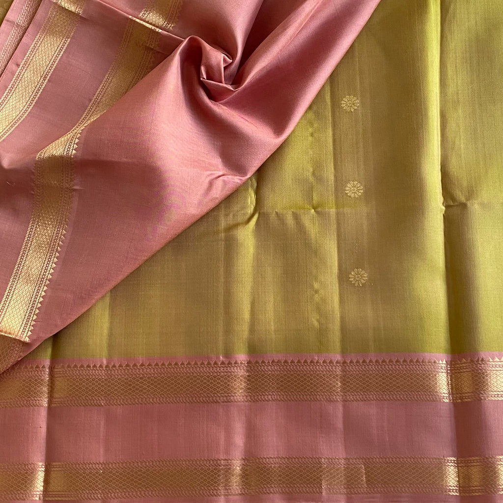 Light  Olive Green Designer Pure Silk Saree With Dusty Rose Pallu
