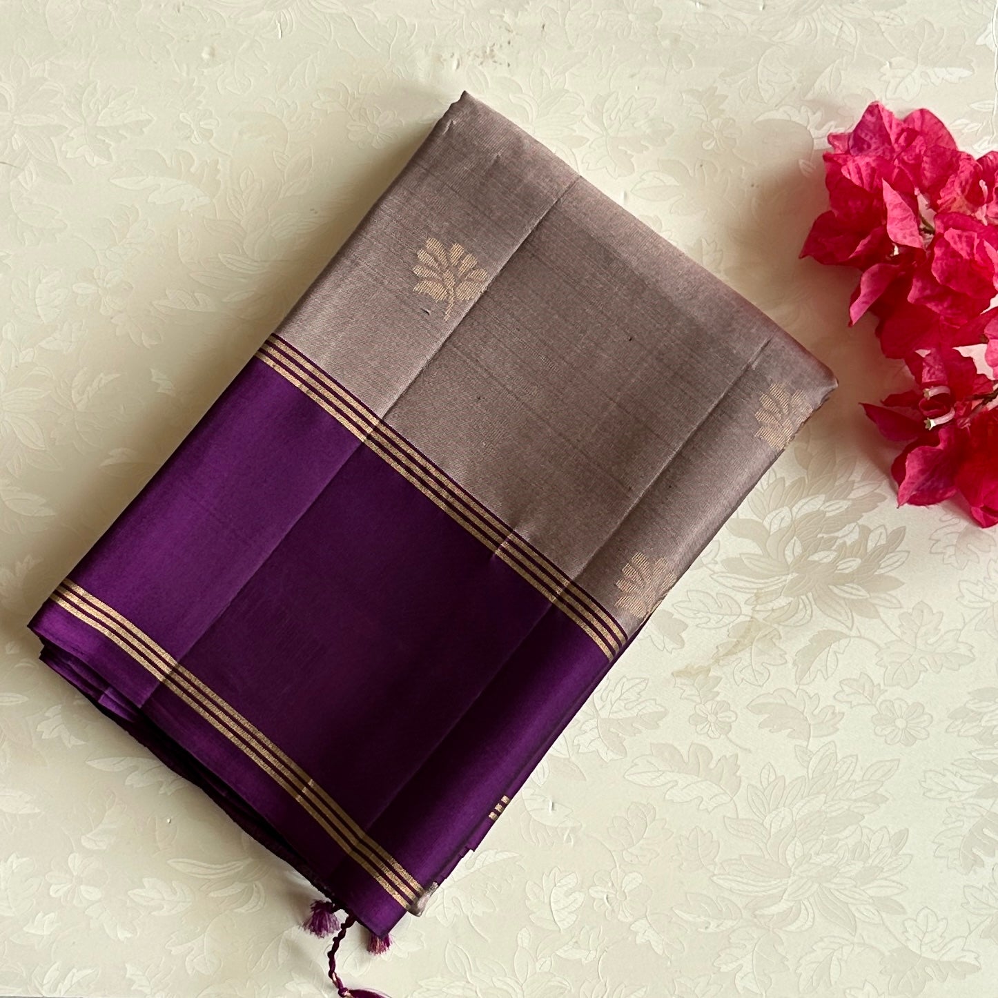 Magenta Silk Saree Gold Zari Floral Border Traditional Wedding Wear