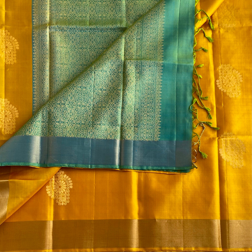 Golden Yellow Designer Pure Silk Saree With Teal Green Pallu