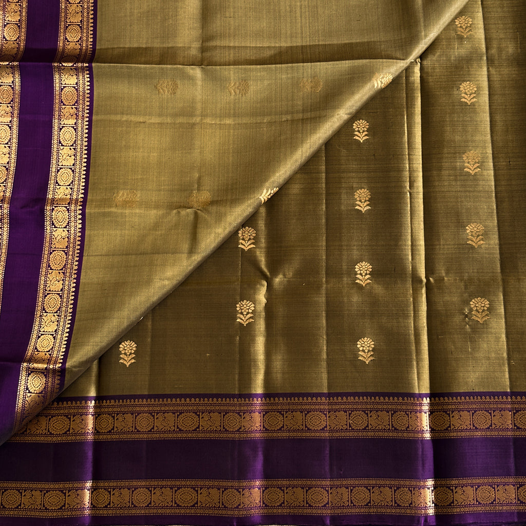Royal Purple Silk Saree Olive Green Body Gold Brocade Border