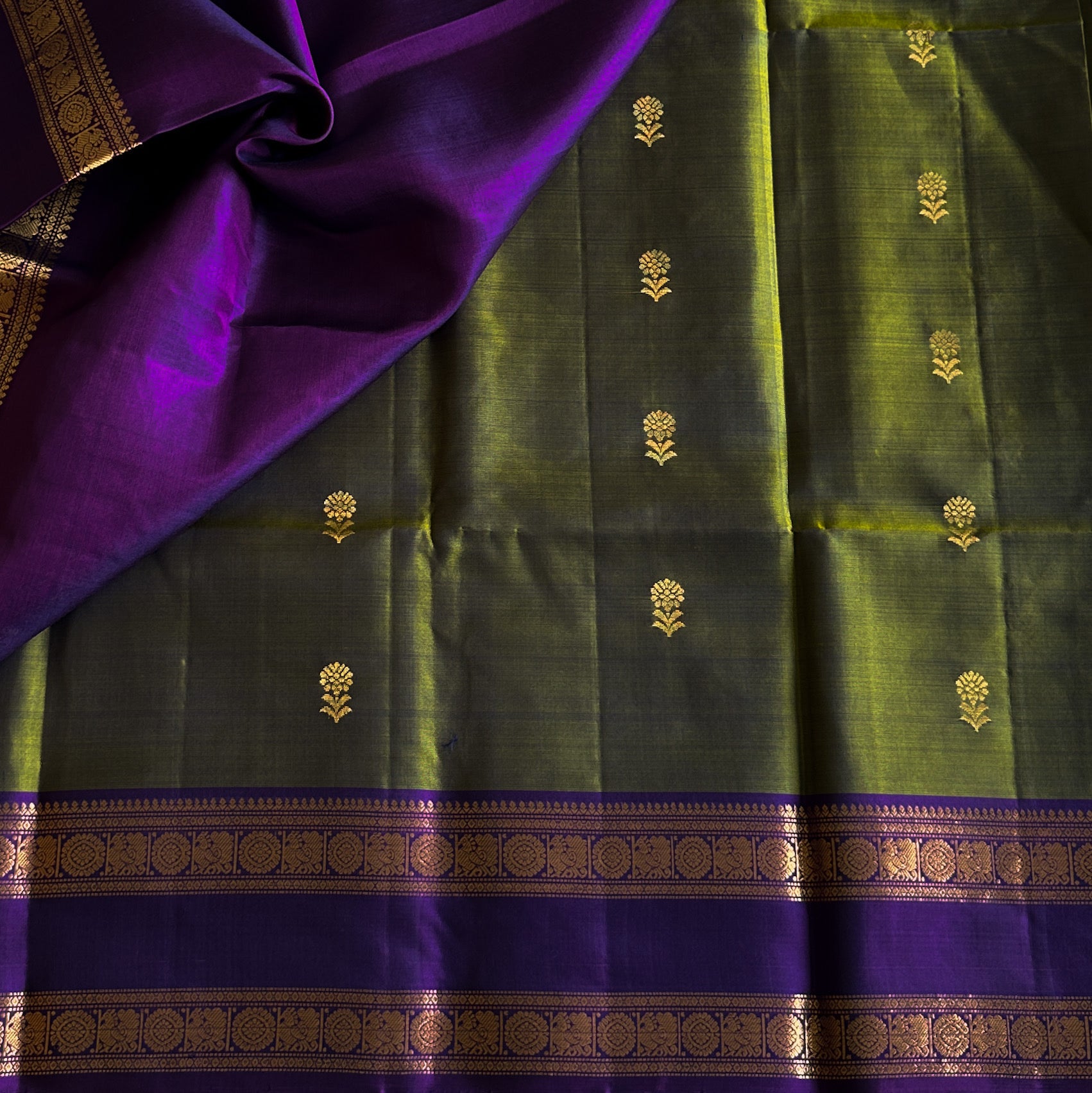 Royal Purple Olive Green Kanchipuram Silk Saree Gold Zari Border
