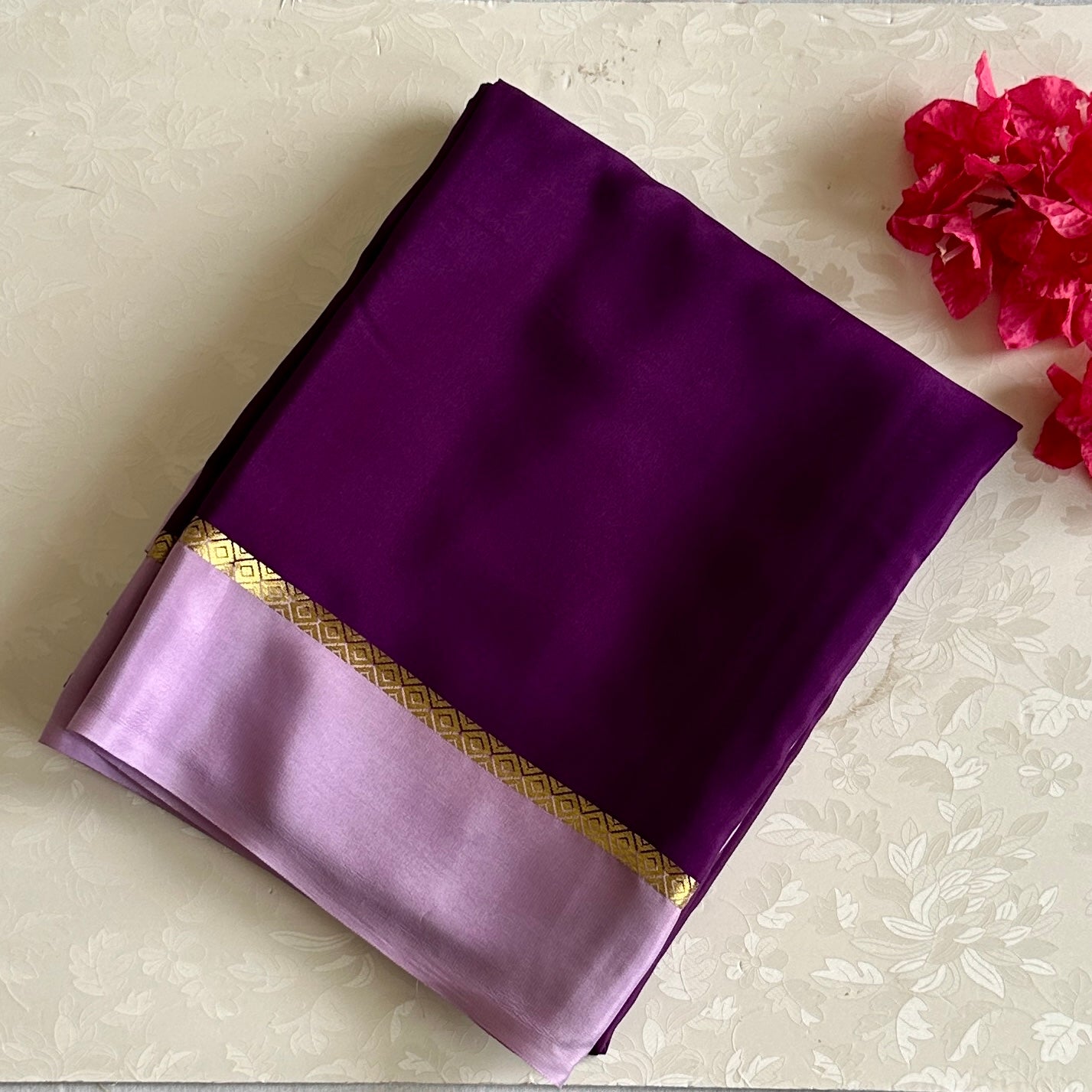 Lilac Mysore Crepe Silk Saree With Royal Purple Pallu