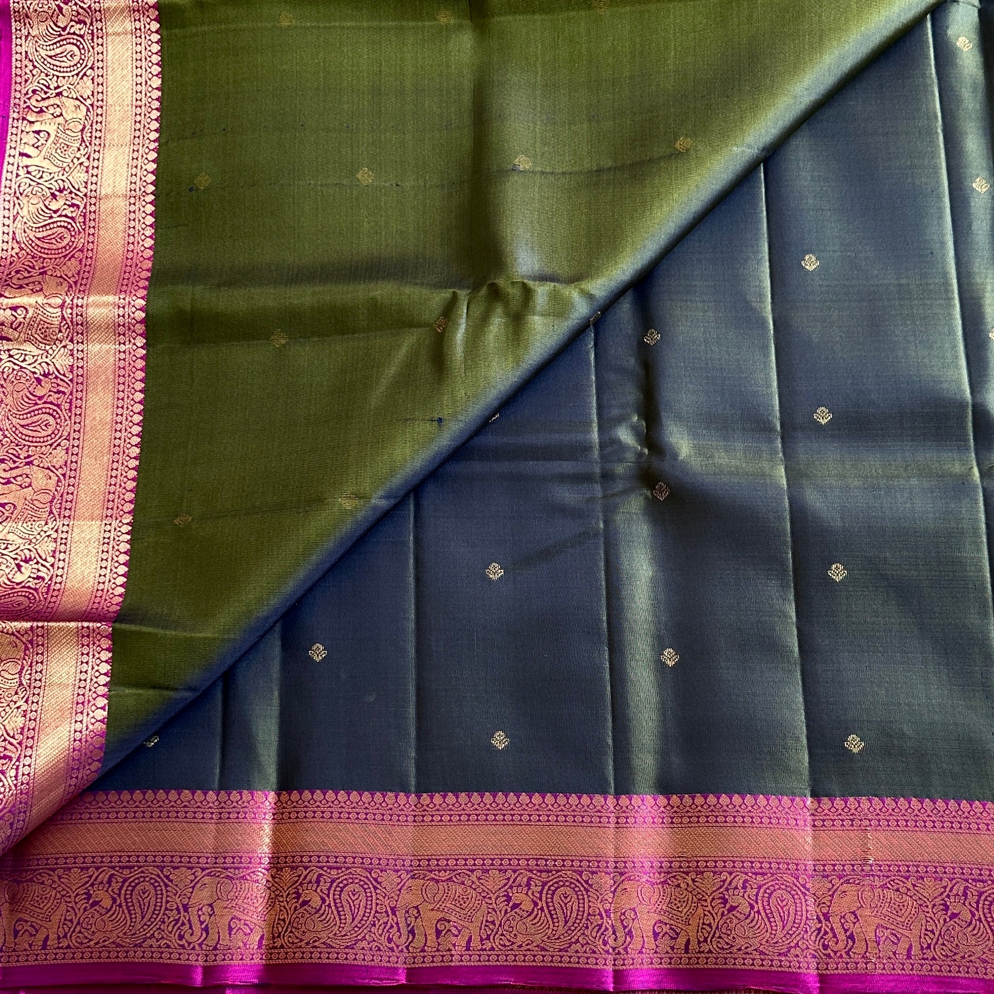 Olive Green Designer Pure Silk Saree Vivid Magenta Zari Border