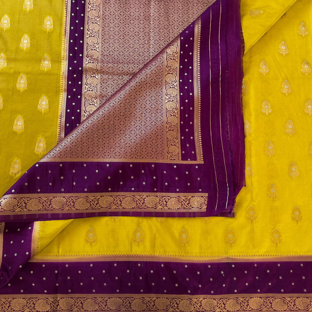 Lemon Yellow Banarasi Silk Saree with Royal Purple Zari Pallu