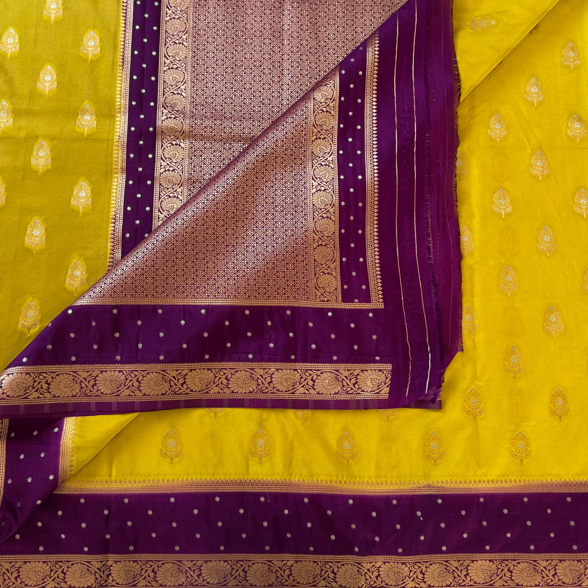 Lemon Yellow Banarasi Silk Saree with Royal Purple Zari Pallu