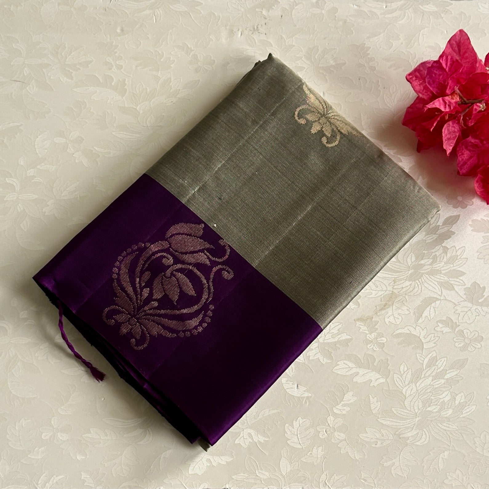 Royal Purple Silk Saree Pale Silver Body Gold Zari Work