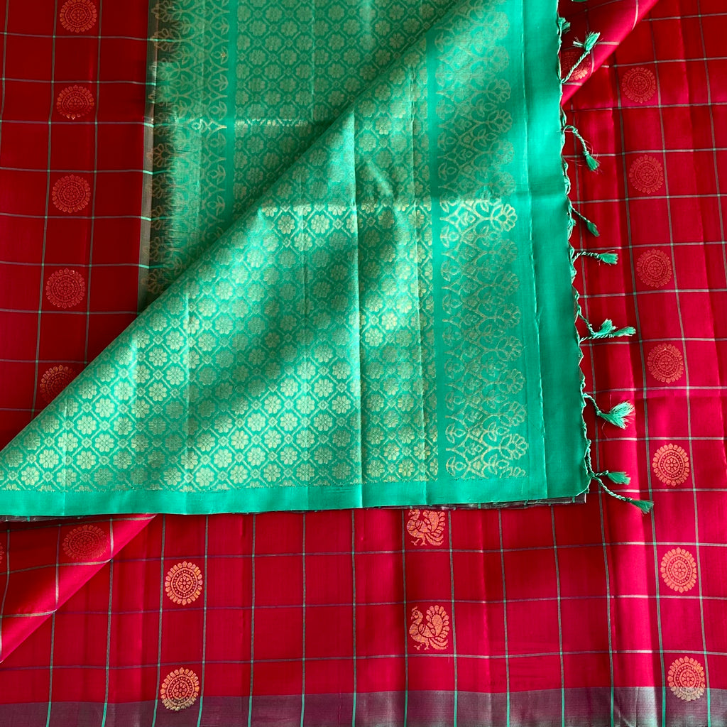 Pomegranate Pink Designer Pure Silk Saree With Turquoise Pallu