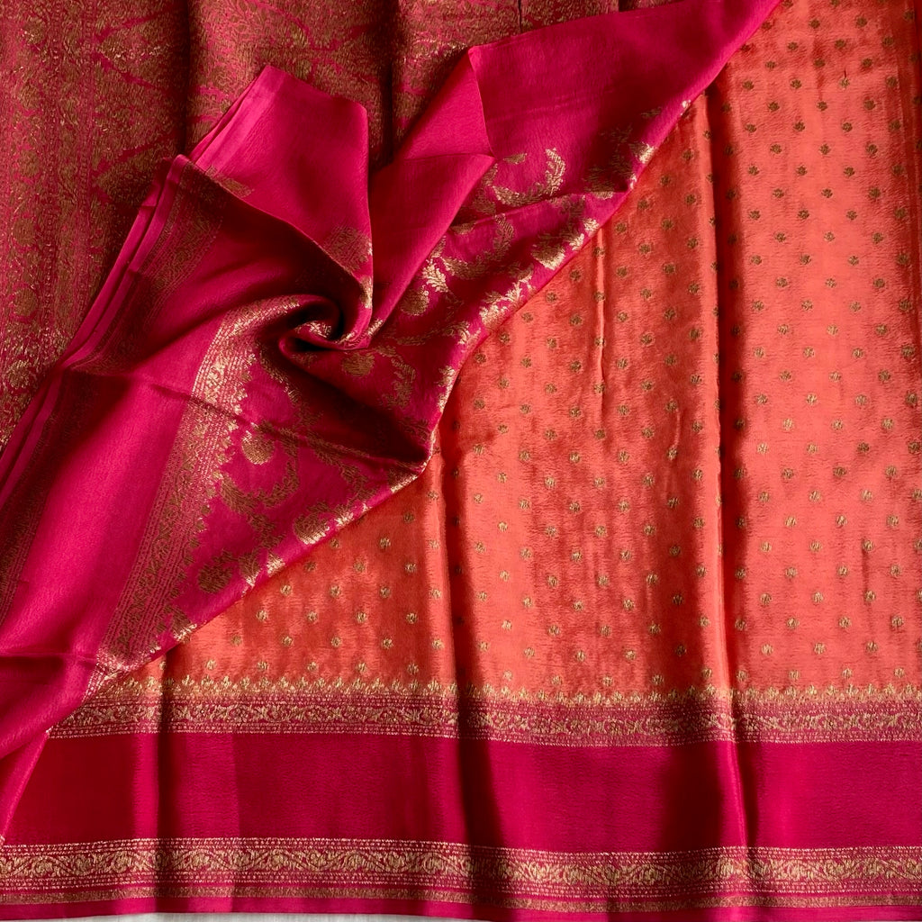 Coral Peack Banarasi Crepe Silk Saree With Rani Pink Pallu