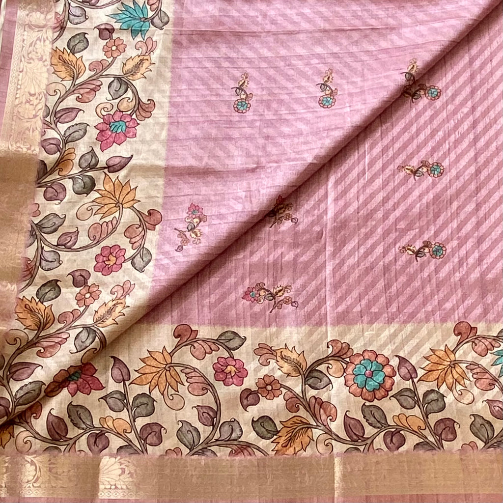 Dusty mauve with cream beige soft kalamkari printed tussar