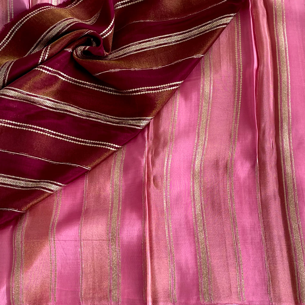 Magenta Silk Saree Gold Zari Vertical Stripes Floral Pallu Elegant
