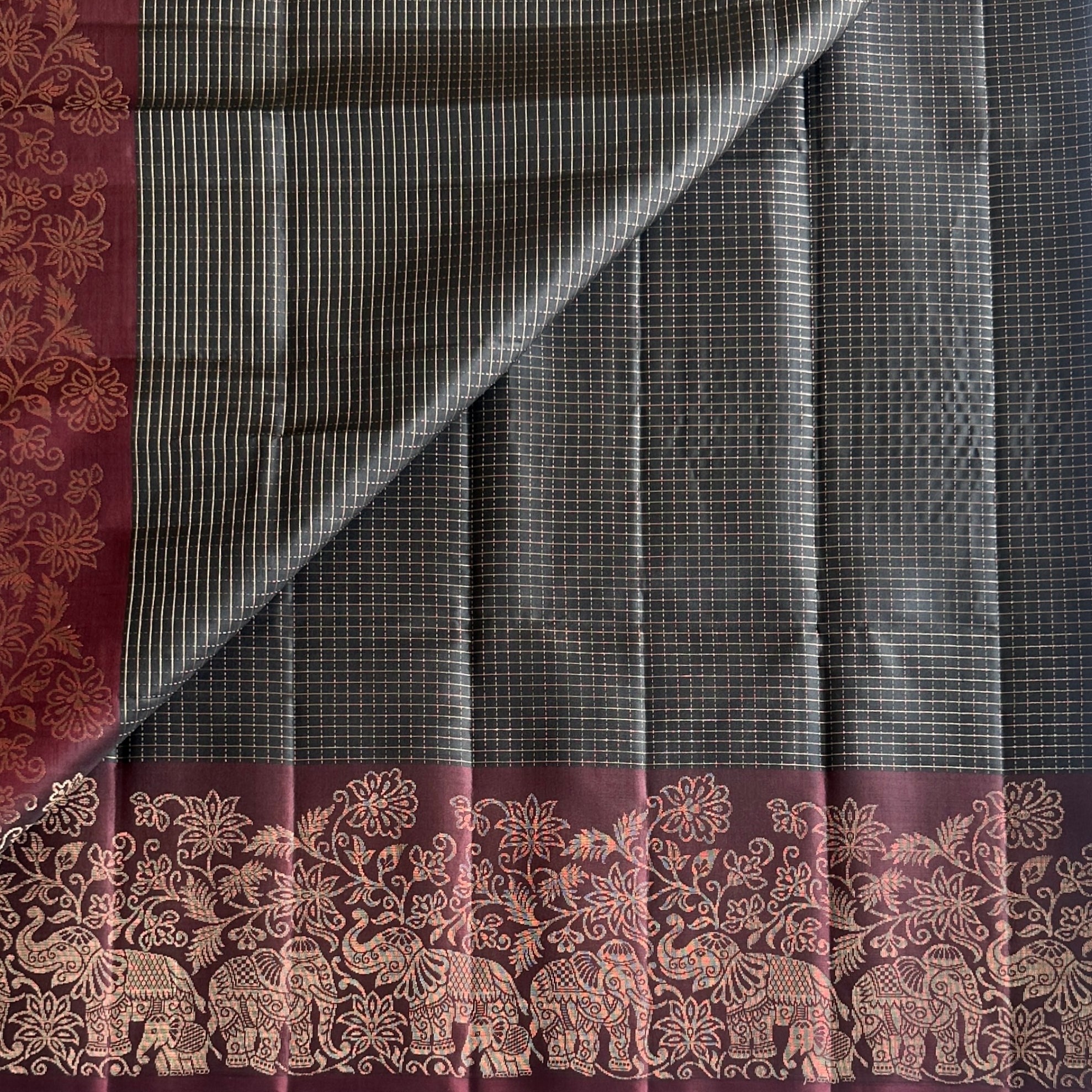 Burgundy Brocade Silk Saree With Elephant Zari Border For Weddings