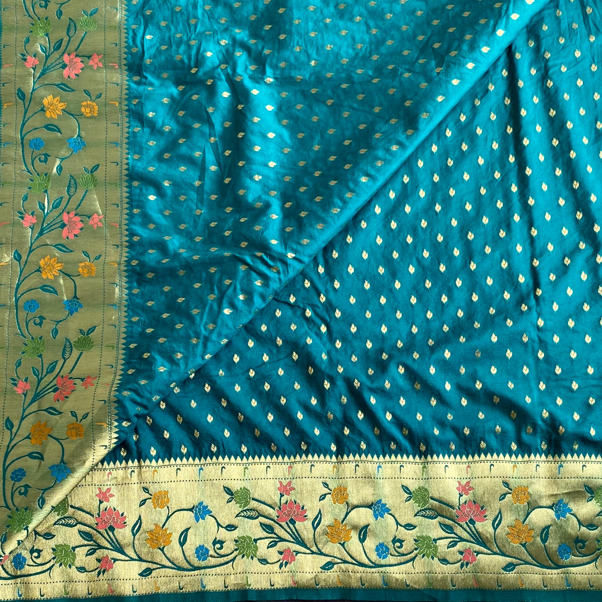 Teal Blue Soft Crepe Silk Saree With Antique Gold Pallu