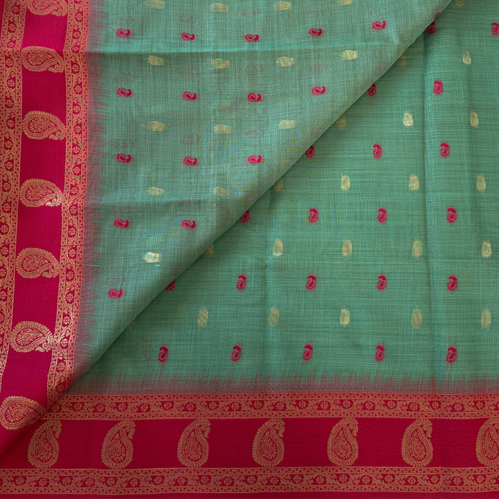 Magenta Sea Green Zari Paisley Silk Saree With Tassel Border