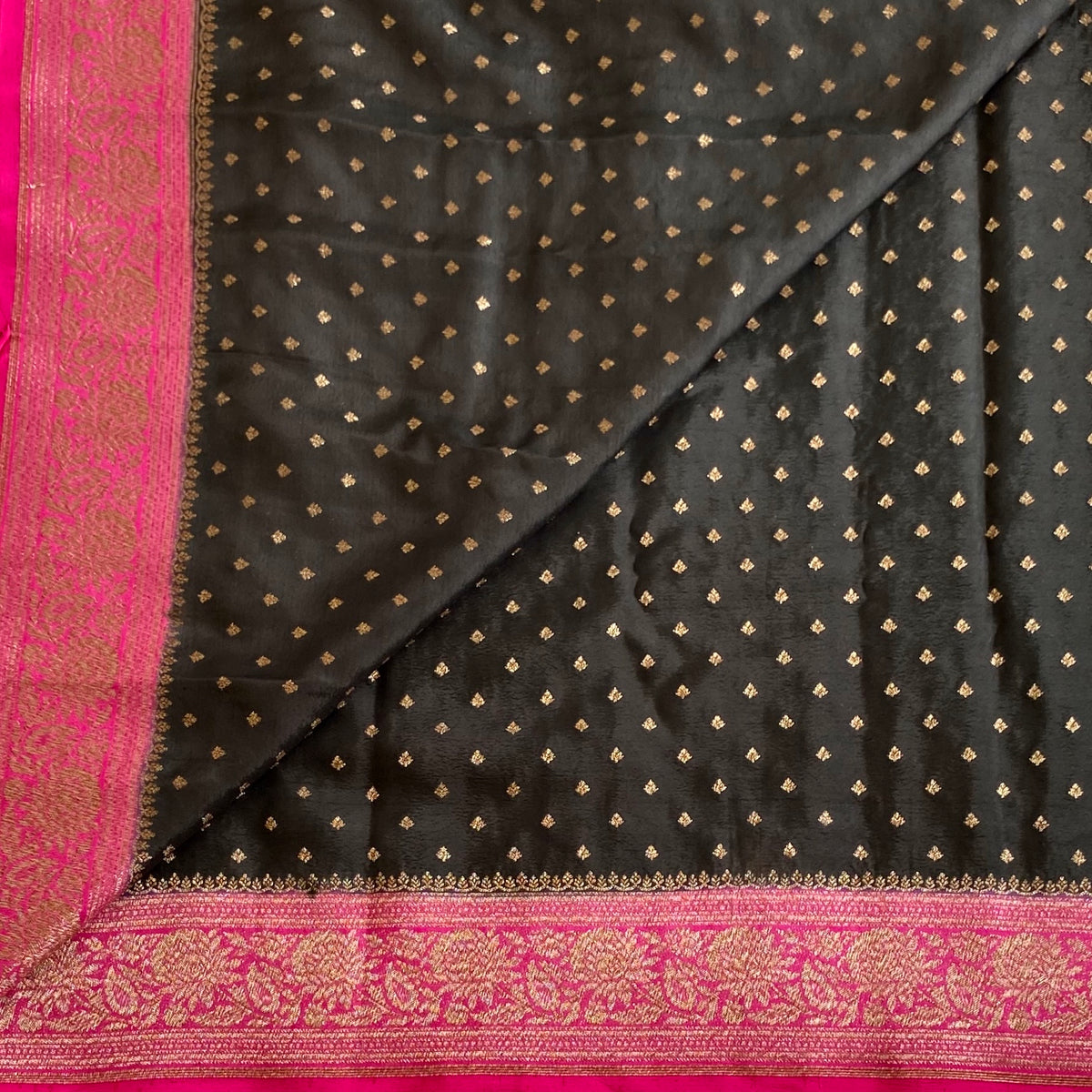 Jet Black Banarasi Crepe Silk Saree With Rani Pink Border