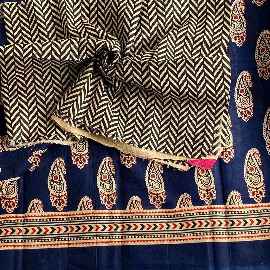 Navy Blue Handblock Printed Saree With Cream Paisley Pallu