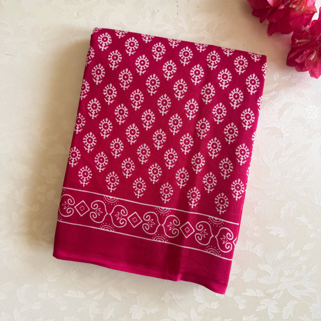 Fuchsia White Block Print Saree Lightweight Traditional Casual Wear