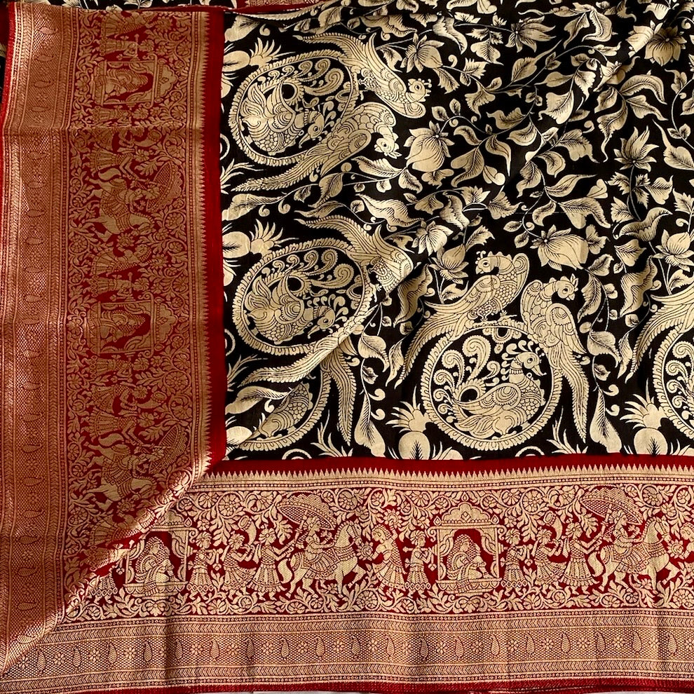 Jet Black Soft Tussar Silk Saree With Antique Gold And Maroon Red