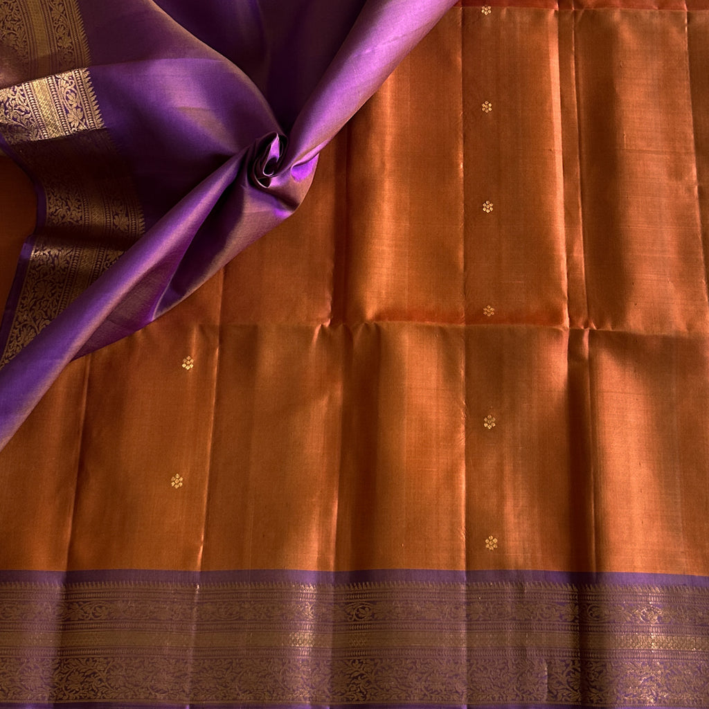 Mesmerising Subtle Rust Orange With Metallic Lavender Designer Pure Silk
