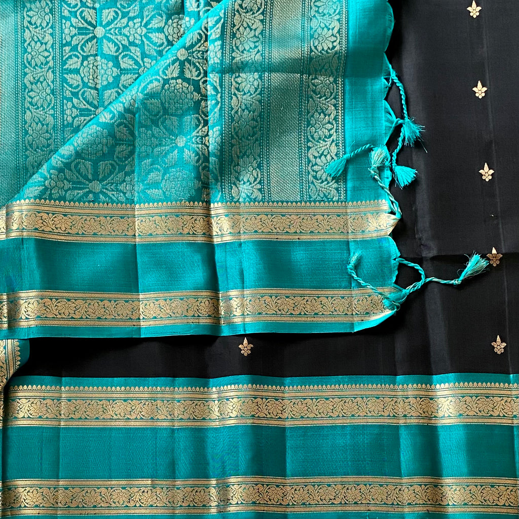 Jet Black Designer Pure Silk Saree Teal Blue Zari Border Contrast Pallu