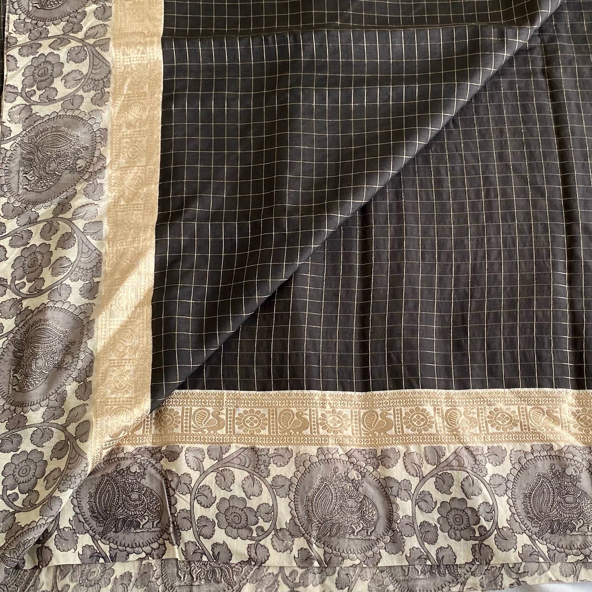 Black Checked Saree Antique Gold Zari Floral Border Traditional Wear