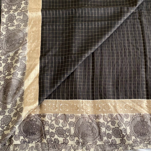 Black Checked Saree Antique Gold Zari Floral Border Traditional Wear