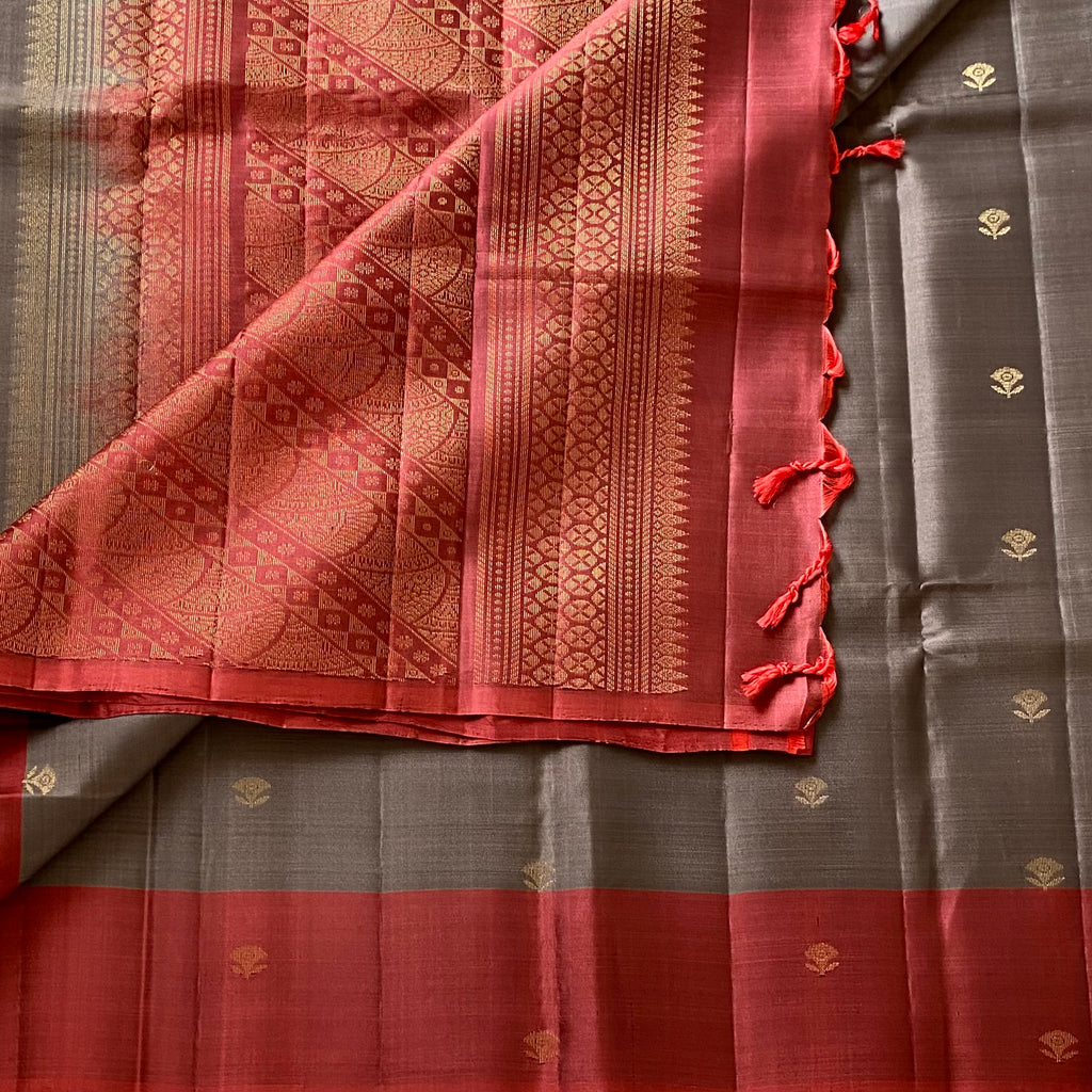 Charcoal Grey Designer Pure Silk Saree Deep Maroon Contrast Pallu