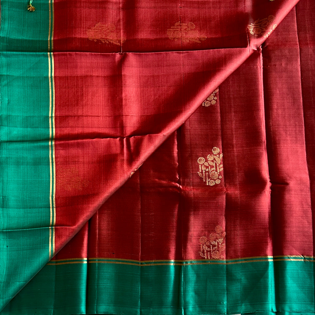 Teal Maroon Silk Saree Gold Zari Geometric Pallu Traditional Wear