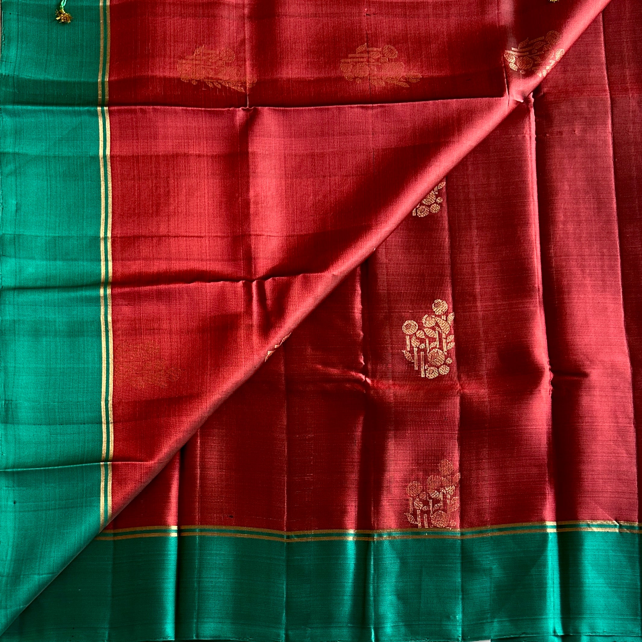 Teal Maroon Silk Saree Gold Zari Geometric Pallu Traditional Wear