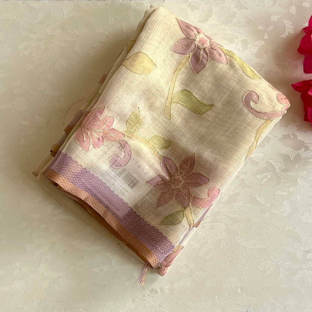 Beige Pastel Floral Embroidered Saree Gold Threadwork Lavender soft linen stunner