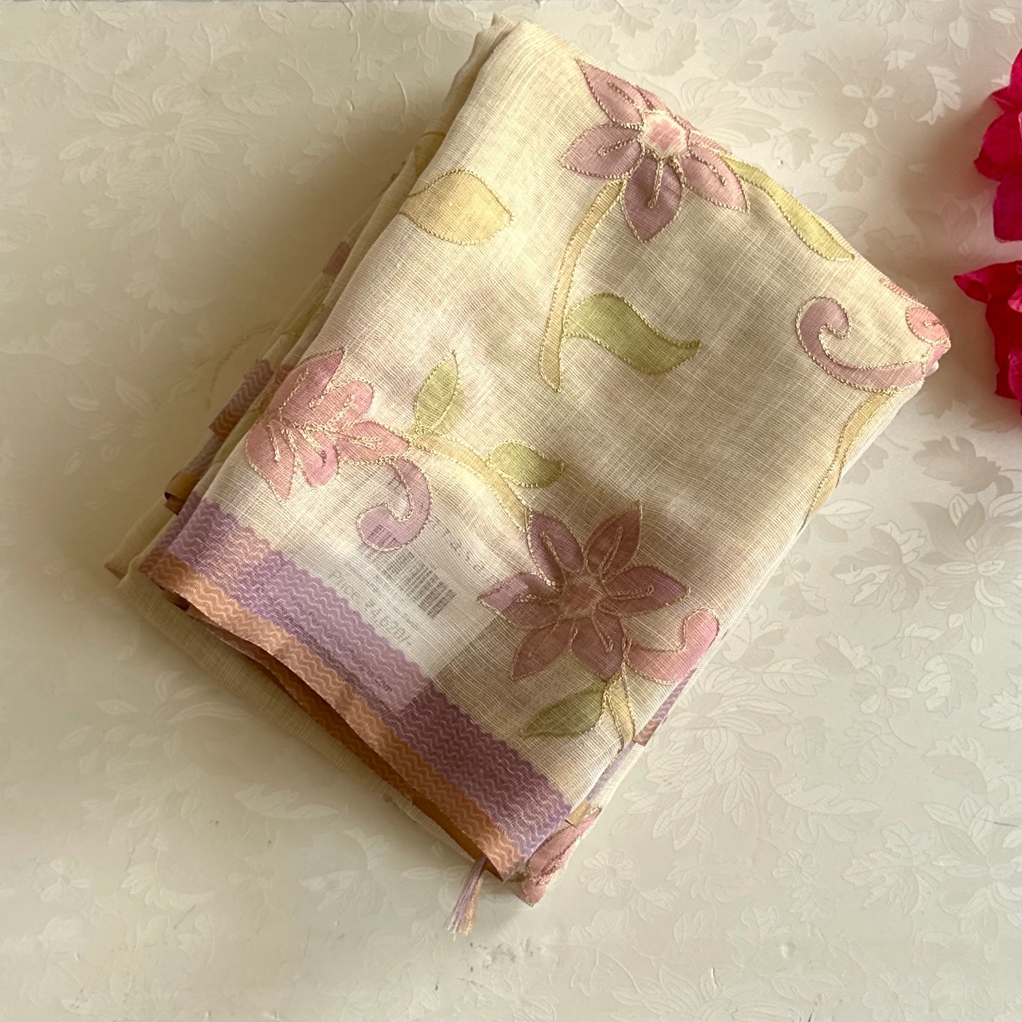 Beige Pastel Floral Embroidered Saree Gold Threadwork Lavender soft linen stunner