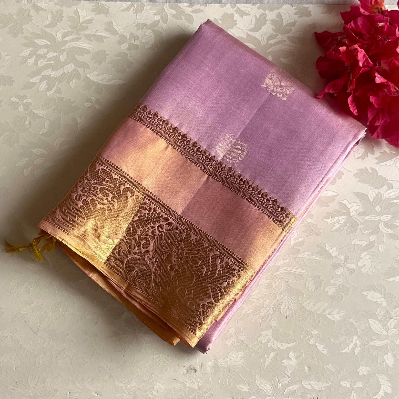 Dusty Rose Designer Pure Silk Saree With Antique Gold Pallu