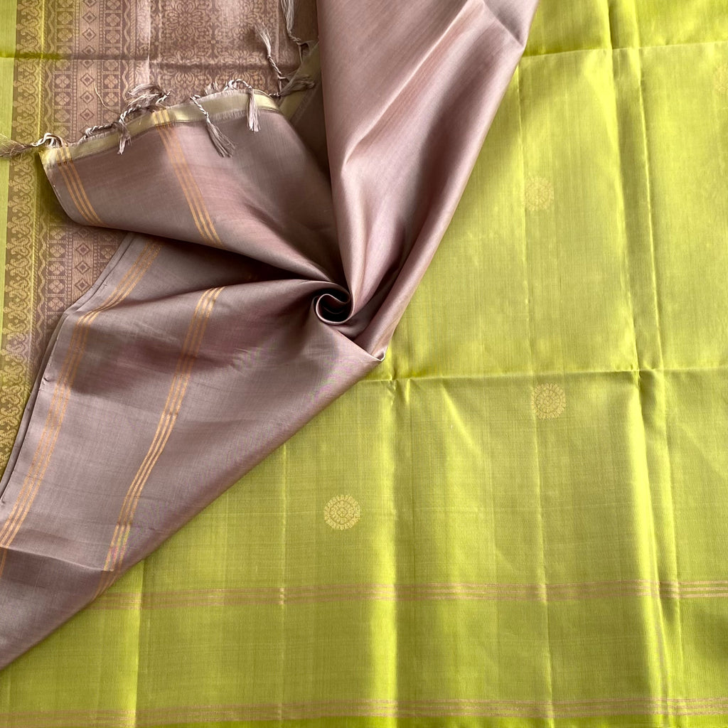 Light Dreamy Green Designer Pure Silk Saree With Taupe Brown Pallu