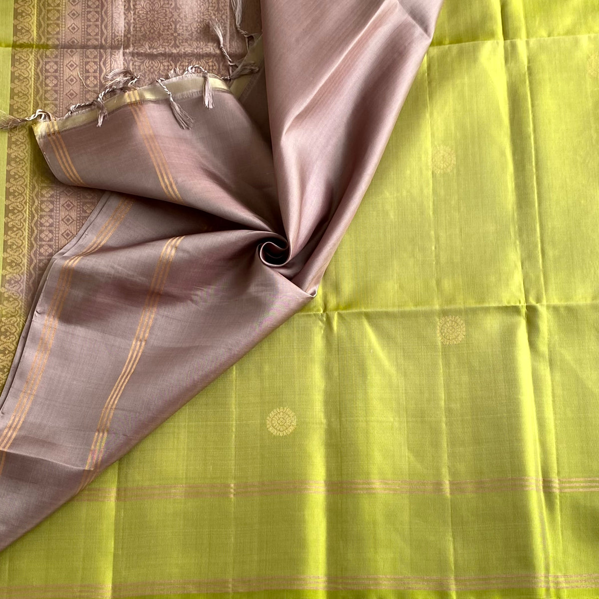 Light Dreamy Green Designer Pure Silk Saree With Taupe Brown Pallu