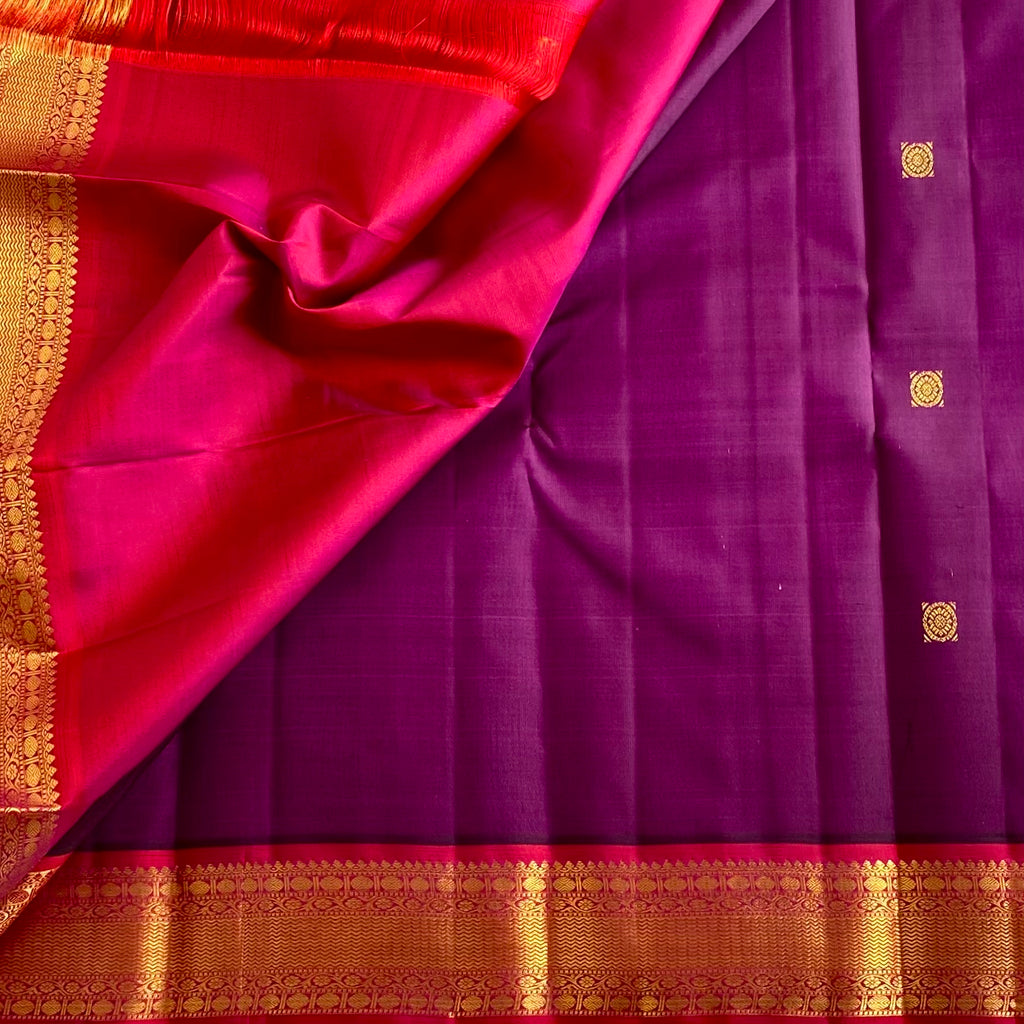 Royal Wine Purple Kanjeevaram Pure Zari Silk Saree With Rani Pink Pallu
