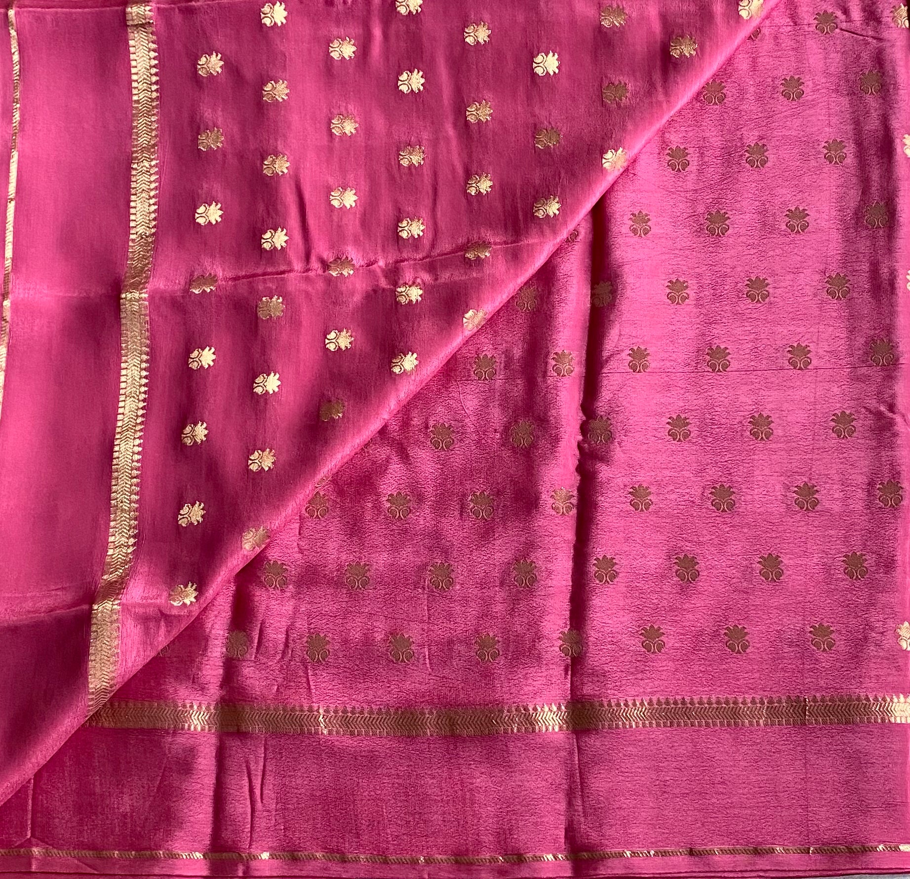 Fuchsia Gold Buti Saree with Striped Pallu and Woven Border