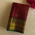Burgundy Silk Saree Gold Brocade Floral Pallu Green Edged Border